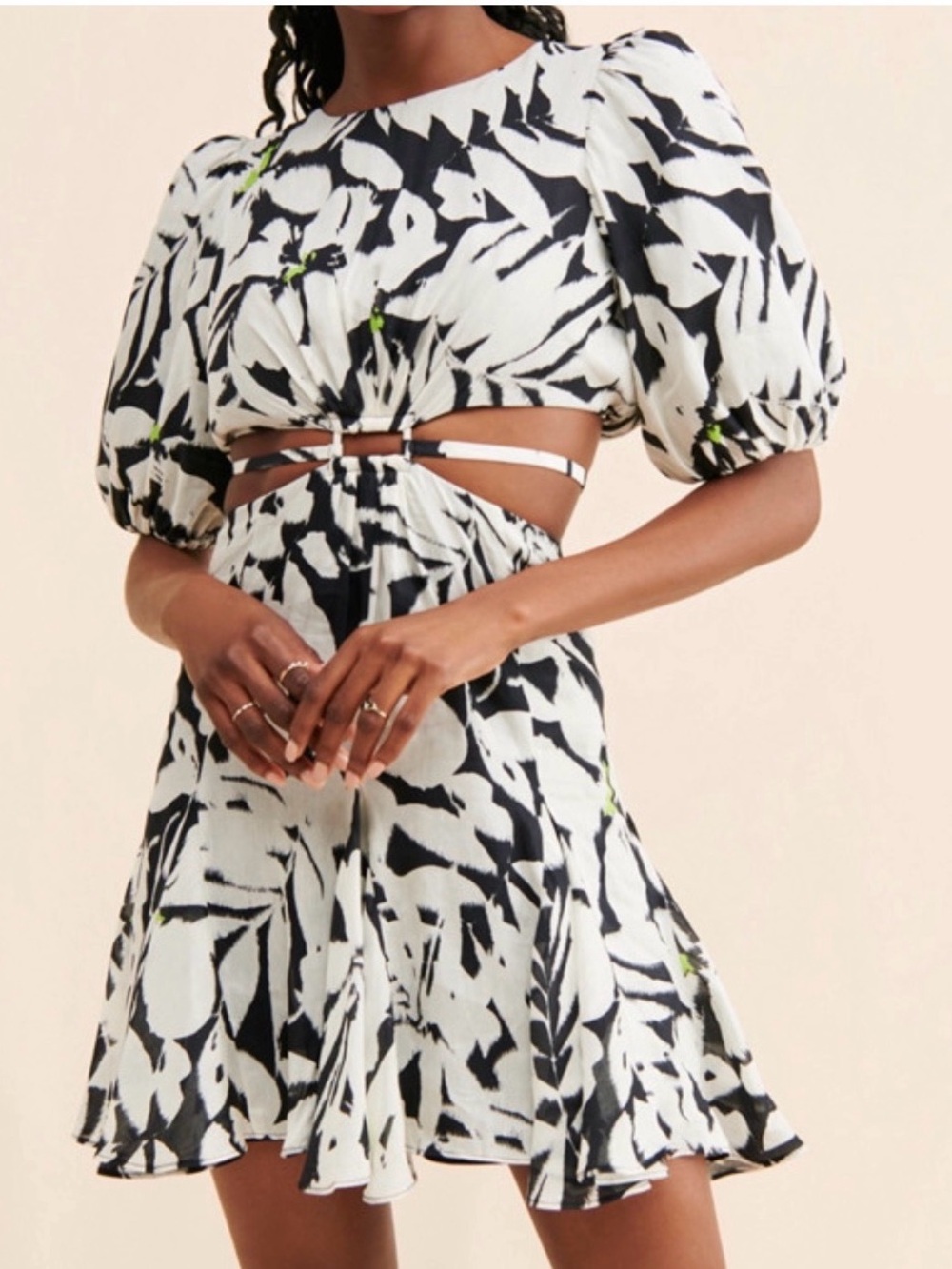 ML MONIQUE LHUILLIER cut out puff sleeve linen mini dress acid tropic 4
